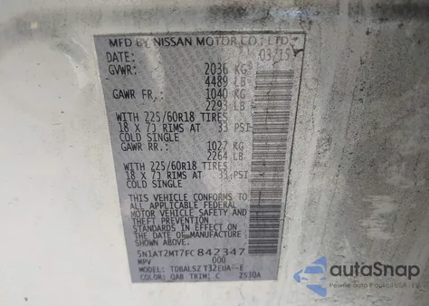 2015 Nissan Rogue Sl from USA, damaged, VIN 5N1AT2MT7FC842347